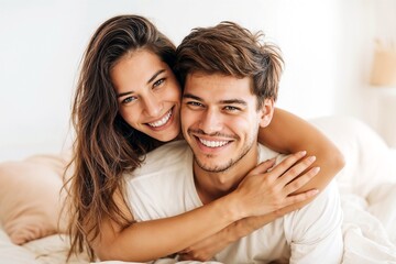 Fototapeta premium Portrait beautiful young woman embracing, hugging her partner, man from behind, couple while they look at the camera with smiles during a peaceful morning in their home, bedroom, indoors
