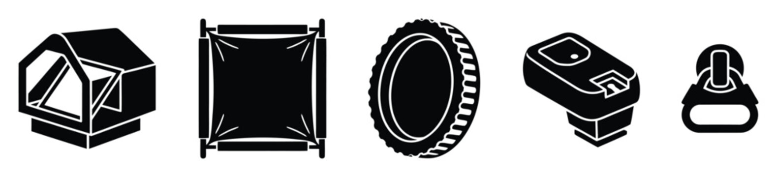 Essential equipment icons showcasing a camping tent, portable cot, car tire, security scanner, and zipper pull, excellent for adventure guides, product specifications, or technology