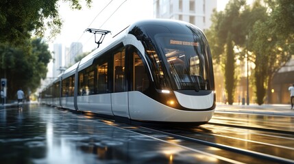 Obraz premium Modern Tram Traveling Through City Street.
