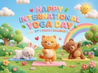 Fototapeta premium International Yoga Day Wishes Cute Puffy 3D Animals Illustration – Meditation, Wellness, and Yoga Celebration Greeting