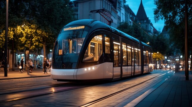 Modern Tram Traveling Through City Street at Night.