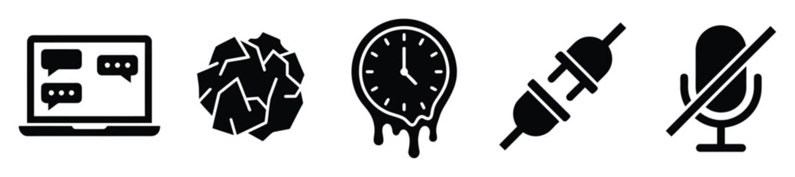 Professional graphic symbols representing digital communication problems, critical time constraints, technical disconnection issues, and discarded project ideas for modern digital concepts.