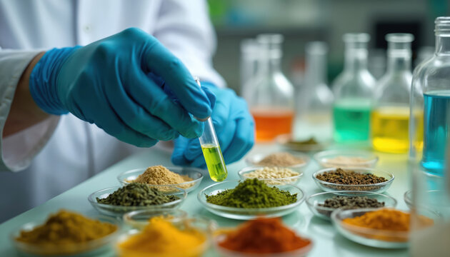 Scientist in blue gloves holds test tube with green liquid. Samples of powders and grains in small dishes on lab table. Bottles with colorful liquids in background.
