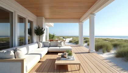 Naklejka premium Modern veranda overlooks ocean beach with dunes. White sectional sofa sits on wooden deck near coffee table. Sunny day invites outdoor relaxation and coastal living.