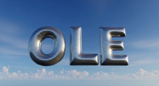 Shiny metal letters ole against a serene blue sky background 3d rendering close up detail view metal