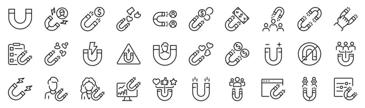 Set of 30 outline icons related to magnet. Linear icon collection. Editable stroke. Vector illustration