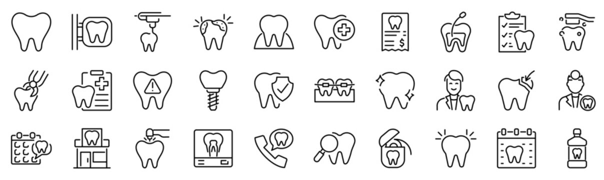 Set of 30 outline icons related to tooth. Linear icon collection. Editable stroke. Vector illustration