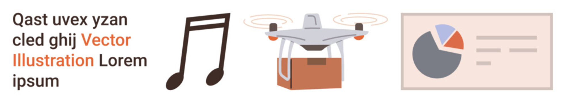 Musical creativity, quadcopter technology, logistics services, data visualization, analytics, modern tools. Music note, delivery Quadcopter and pie chart graph. Drone technology and logistics