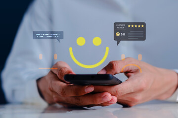 Customer satisfaction feedback concept user giving five star rating review, smiley icon interface, online service experience, digital marketing reputation, CRM evaluation and client engagement