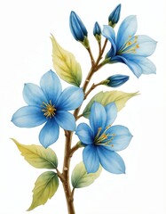 Obraz premium Watercolor illustration depicts branch with blooming blue flowers, yellow leaves. Delicate petals, buds detail natural floral element for design. Botanical art features soft hues on white background.
