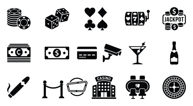 Essential gambling and casino themed icons portraying poker chips, dice, playing cards, slot machine, money, and luxury items, suitable for entertainment applications and user interface