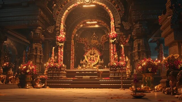 Intricate Temple Interior Featuring Lord Venkateshwara Idol Decorated with Flowers and Lamps During Festival