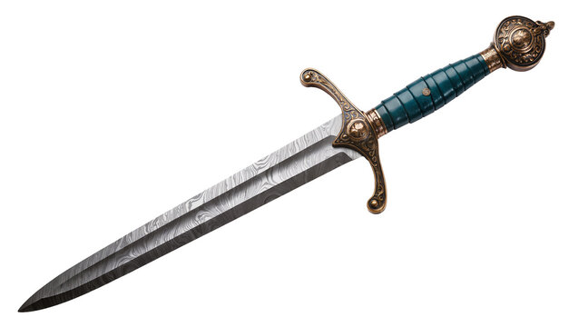 Ornate medieval sword with damascus blade and teal grip, isolated on transparent background