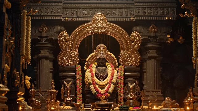 Intricate Lord Venkateshwara Idol in a Magnificent Temple Setting with Ornate Decorations and Religious Artifacts
