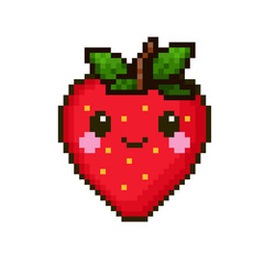 Fototapeta premium Pixel art cute strawberry character with leaves and stem. Kawaii happy fruit sprite. High quality 8-bit isolated element on white background for game, app, and digital design. Sweet pixel food art.