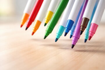 Fototapeta premium A vibrant collection of colorful markers arranged diagonally on a light wooden surface