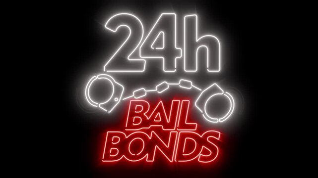 24h bail bonds glowing neon sign seamless loop animation on uniform background for easy blending