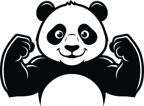Muscular panda flexing biceps strong bodybuilder