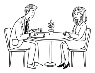 Fototapeta premium Business professionals engaged in an important discussion, conducting an interview or consultation at a desk, ideal for corporate training materials and human resource presentations.