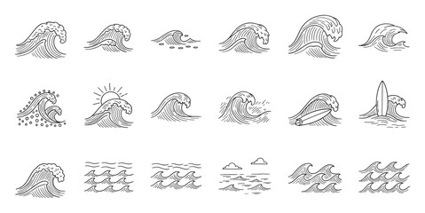 Obraz premium Collection of hand drawn ocean wave icons and water surf symbols perfect for summer beach travel vacation sports themed graphic design projects or digital media applications