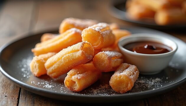 Golden fried churro bites dusted with sugar sit on dark plate with chocolate sauce dip. Sweet Spanish pastry treat, perfect dessert or snack for family fun.