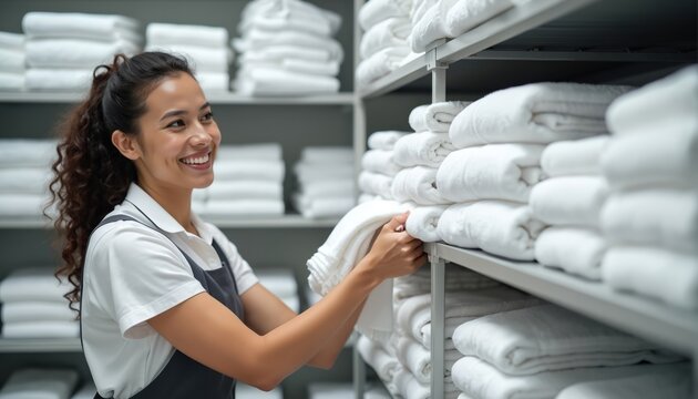 Smiling woman in uniform organizes neatly folded white towels on shelves in a linen room. She prepares fresh linens for guest use in a hotel or resort.