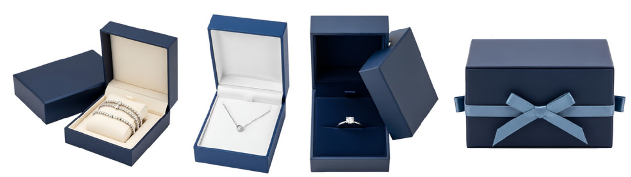 Four open and closed blue jewelry gift boxes with different types of jewelry on transparent background