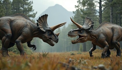 Fototapeta premium Two dinosaurs triceratops and tyrannosaurus rex confront each other in prehistoric forest. Large reptiles with horns and teeth ready for battle in wild nature. Ancient era scene with huge beasts.