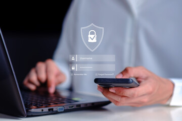 Cybersecurity authentication user verifying secure login digital identity protection, password validation, data privacy, secure access interface, network security and online account protection