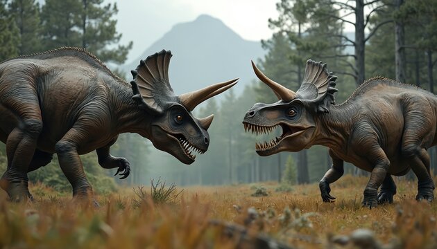 Two dinosaurs triceratops and tyrannosaurus rex confront each other in prehistoric forest. Large reptiles with horns and teeth ready for battle in wild nature. Ancient era scene with huge beasts.