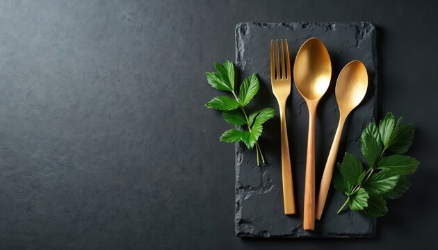 Gold fork and spoons lay on dark slate beside green leaves. Elegant rustic table setting for elegant meal. Clean minimalist composition for food styling.