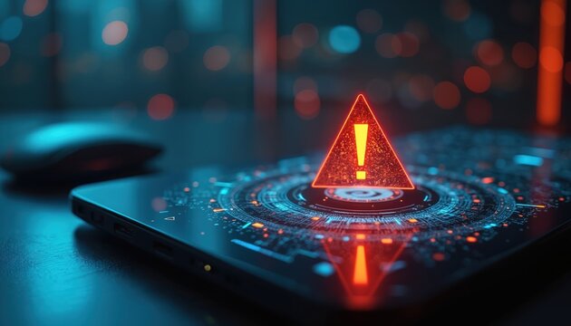 Digital screen displays orange warning triangle with exclamation mark. Futuristic interface shows data streams, alerts on electronic device with glowing lights. Cyber risk notification active on tech