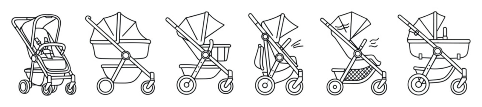Collection of various baby strollers and prams in outline style, perfect for web icons, print designs, or educational materials related to childcare and parenting products