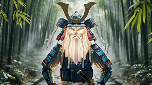 A serene bamboo forest shrouded in mist, featuring an armored warrior with a long beard and ornate helmet, standing confidently on a stone path