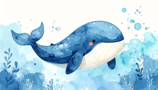 Minimalist watercolor illustration of Cute cartoon whale