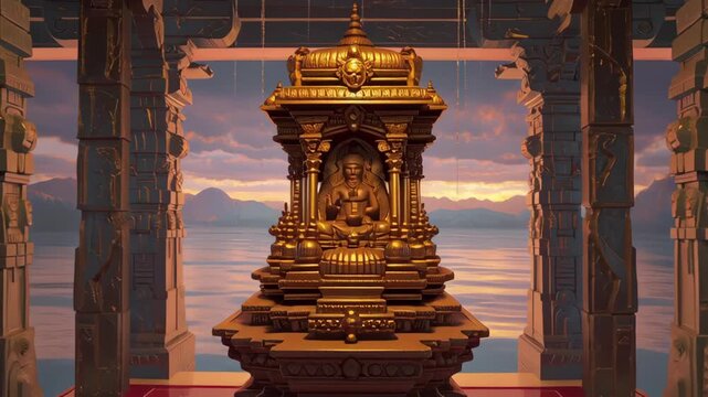 Majestic Lord Venkateshwara Idol at Tirumala Temple with Scenic Sunset View and Ornate Architecture