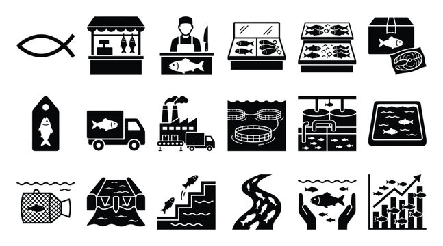 Fish production and seafood industry icons showing aquaculture, fishing, processing, and market sales for business presentations and informational graphics