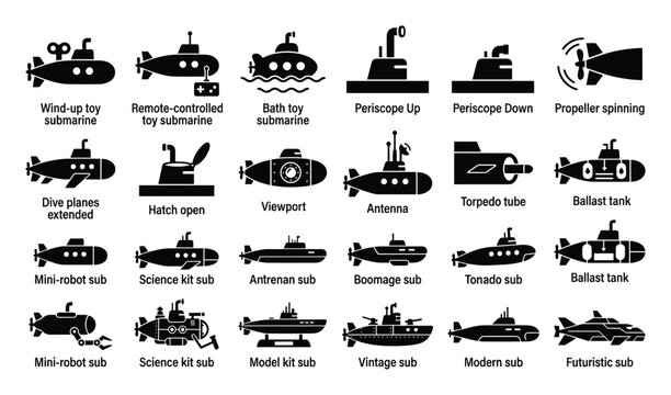 Modern collection of submarine icons featuring diverse models and essential functions such as periscope hatch and propeller movements ideal for marine exploration educational content and