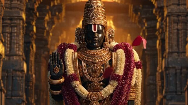Majestic Lord Venkateshwara Idol Decorated with Gold Ornaments and Flower Garlands in a Sacred Temple Setting