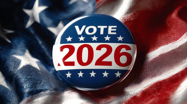 Vote election button badge campaign democracy American flag patriotism 2026 vote button American flag background symbolizing election campaign