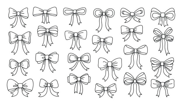 Hand drawn outline collection of decorative ribbon bows for enhancing gift wrapping, holiday festivities, celebration designs, wedding invitations, and craft projects