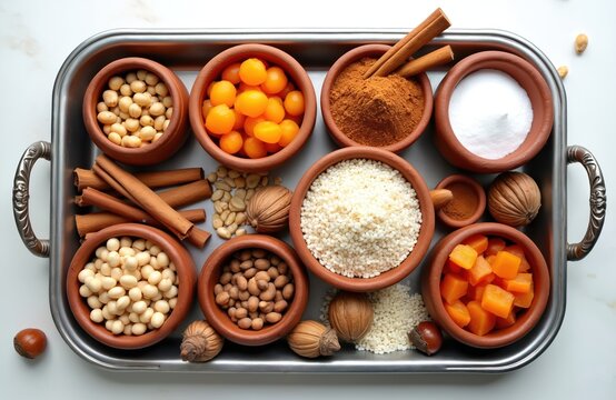 Assortment of ingredients for traditional Asure Noahs pudding dessert laid out in clay bowls on a metal tray. Includes dried fruits, nuts, grains, spices, and sugar.