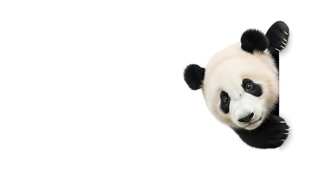 A cute giant panda peeks around a white corner, its black and white fur clearly visible against the plain background.