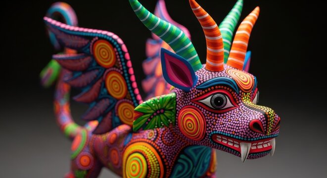 A colorful, vibrant, and intricately designed alebrijes creature with horns and wings, showcasing me