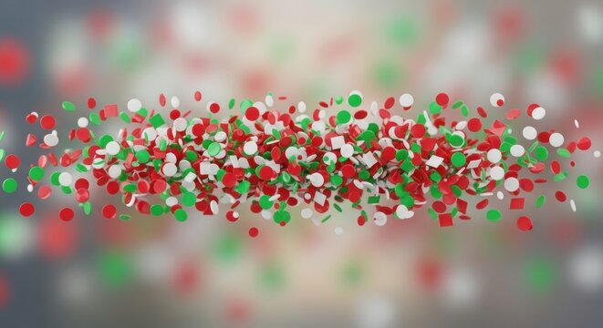a colorful sprinkles of red green and white on a blurry background with a white border at the bottom