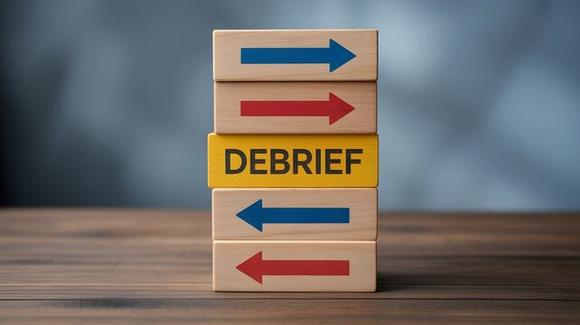 Wooden blocks with arrows and debrief text on a table