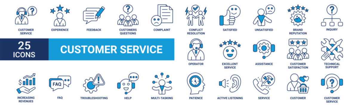 Customer service icon set. Containing experience, feedback, customers, complaint, conflict, satisfied, unsatisfied and more. Blue vector icons collection.