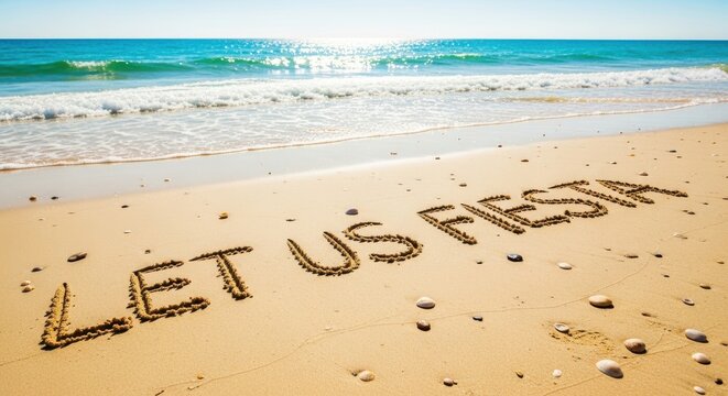 a beach with the words let us fiesta written in the sand beach scene sand ocean wave tide shore coas