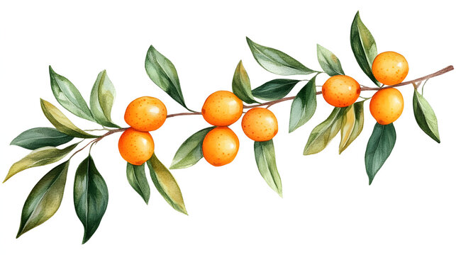2D watercolor painting of a kumquat on a branch.