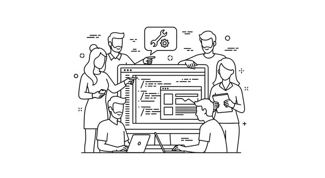 Team collaborates on computer interface with tools icon above